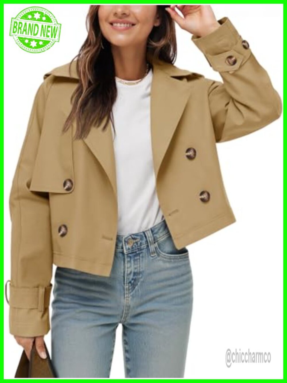 Cropped Trench Coat Double Breasted Notched Lapel Women's Jacket